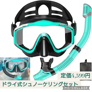 新品☆定価4,599円 グリーン ドライ式 シュノーケリング シュノーケル セット 大人用 潜水メガネ 強化ガラス スノーケル 男女兼用 緑