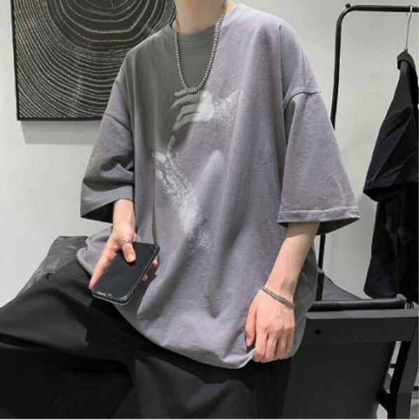 メンズ シンプル プリント 半袖 Tシャツ 韓国 グレー　L