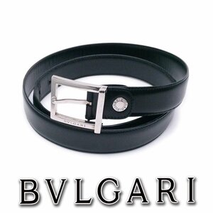 【1円】紳士ベルト ウエスト95cm BVLGARI Mens Belt ブルガリ イタリア製 黒 シルバー金具 ap8891【一円スタート】