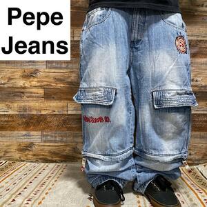 PEPE JEANS ペペジーンズ バギーデニムカーゴパンツ 刺繍 ストリート 古着 w36 極太 b系 2way ハーフパンツ ジーンズ ライトブルー メンズ