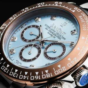 【当店限定品】8石天然ダイヤモンド付き 自動巻き オートマティック 腕時計 【アイスブルー水色】 クロノグラフ JAPAN KRAFT 時計 ダイヤの画像2