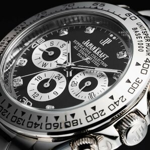 【当店限定品】8石天然ダイヤモンド付き 自動巻き オートマティック 腕時計 【シルバー×ブラック】 クロノグラフ JAPAN KRAFT 時計 ダイヤの画像2