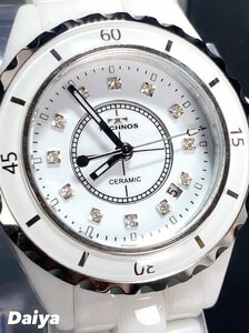 ダイヤモンド付き 新品 テクノス TECHNOS 正規品 腕時計 アナログ腕時計 クオーツ セラミック カレンダー 3気圧防水 ホワイト プレゼント