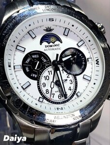 新品 正規品 ドミニク DOMINIC 自動巻き 腕時計 サン＆ムーン オートマティック カレンダー 防水 ステンレス ブラック ホワイト プレゼント