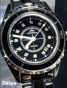 ダイヤモンド付き 新品 テクノス TECHNOS 正規品 腕時計 アナログ腕時計 クオーツ セラミック カレンダー 3気圧防水 ブラック プレゼント