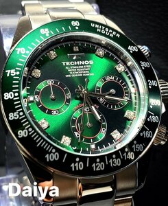  limitation color natural diamond attaching new goods TECHNOS Tecnos regular goods wristwatch silver green chronograph analogue wristwatch multifunction wristwatch 