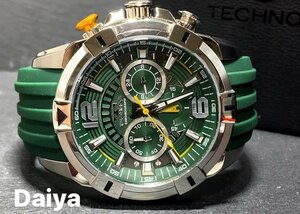  new goods TECHNOS Tecnos regular goods rubber belt chronograph quartz analogue wristwatch multifunction wristwatch 10 atmospheric pressure waterproof green Bick face 