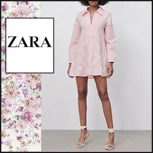 【ZARA/ザラ】ミニワンピース　ティアード　ピンク　チュニック L　手洗い 長袖　コットン混　レディース　シャツ生地　匿名発送