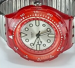 訳あり 腕時計 Swatch SWISSmade S002 200M シルバー盤レッド 純正伸縮バンド 電池交換済