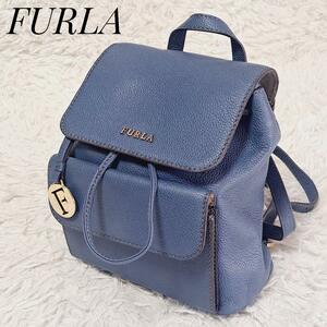 FURLA Furla beautiful goods leather Mini rucksack backpack blue Gold charm casual Day Pack Logo flap pouch 