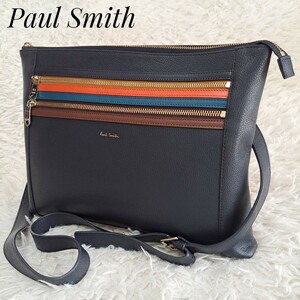 Paul Smith ポールスミス 未使用級 2way メンズ ショルダーバッグ クラッチ マルチストライプ レザー 本革 ネイビー ビジネス