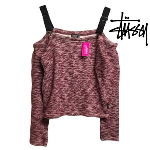 【未使用タグ付】stussy women /ステューシー ウィメン オフショルニット セーター 綿100% 春秋服 Mサイズ 暖色系ゼブラ柄 I-3842