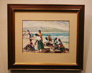 絵画 カルフォルニア Joao Calirornia「ナザレの浜辺」 油絵 ポルトガル 油彩 オリジナル 本物保証 送料無料