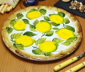 Art hand Auction Made in Italy Imported Goods Pizza Plate Round Lemon Pattern Living Studio Direct Import 32cm Bassano Pottery Dinner Plate Hand Painted BRE-1470-32LE, plate, dish, platter, platter, Single item