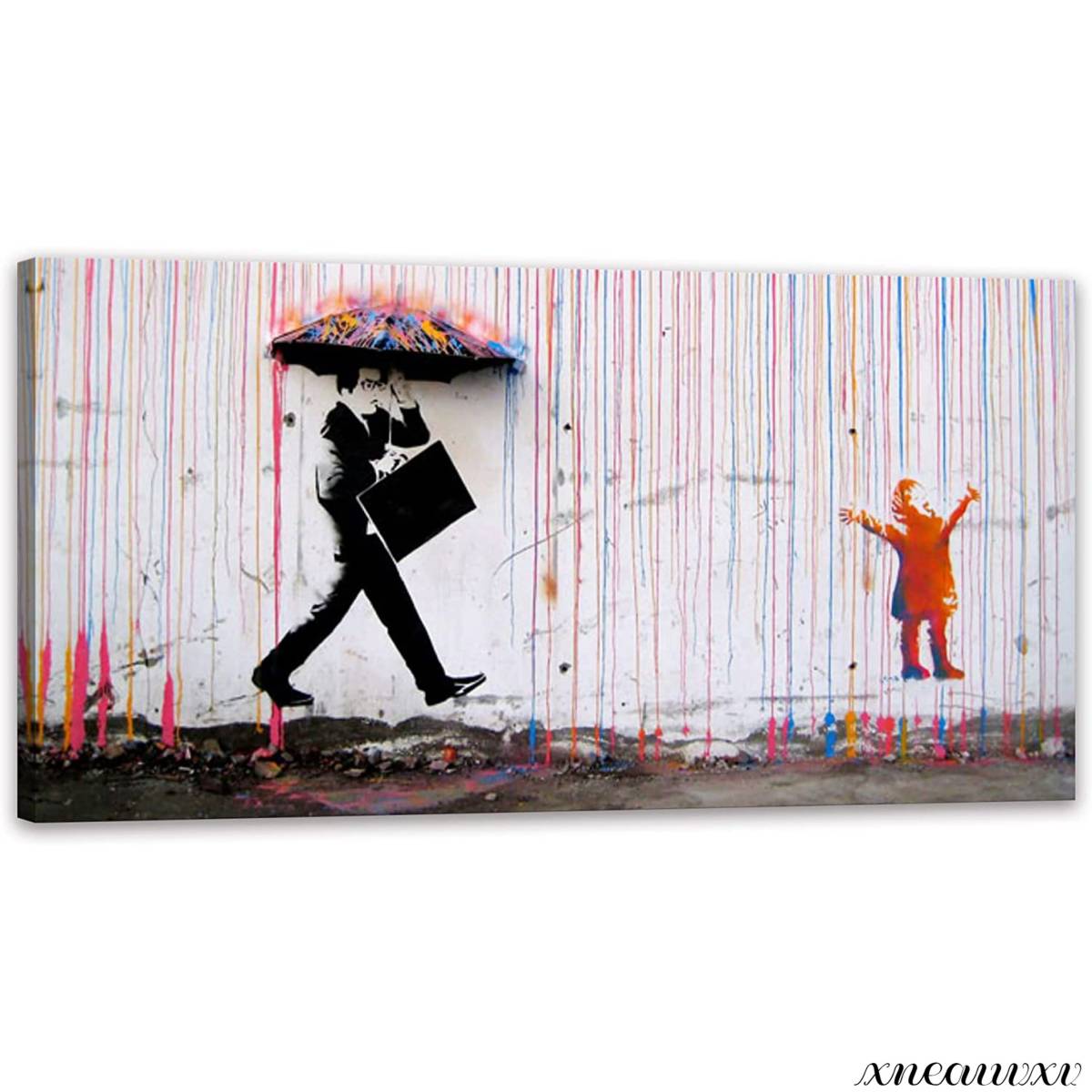 Banksy Gran Panel de Arte Lluvia Paraguas Hombre Reproducción Interior Decoración de la Habitación Decoración Lienzo Pintura Colgante de Pared Simple Abstracto Contemporáneo Moderno, Cuadro, Pintura al óleo, Naturaleza, Pintura de paisaje