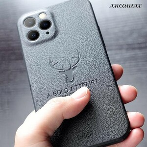 おしゃれな スマホケース iPhone 12 Pro 対応 鹿 ブラック PUレザー 軽量 耐衝撃 アイフォン カバー カジュアル モダン プレゼント