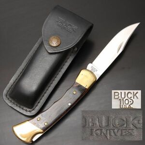 PF.299. バックフォールディングナイフ BUCK 110 折りたたみナイフ 革ケース付属 全長21.5ｃｍ /キャンプ アウトドア レザーケース