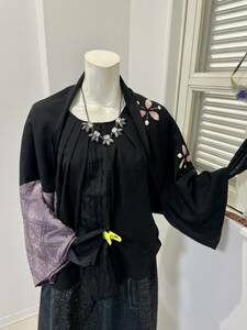 kimono remake * silk flower. ground pattern aperture stop dyeing scarf &ko Kuhn 2WAY cardigan black . purple 