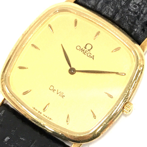 オメガ デビル 裏蓋 750 クォーツ 腕時計 メンズ ゴールドカラー文字盤 未稼働品 社外ベルト 総重量約29.1g QR043-141の画像1