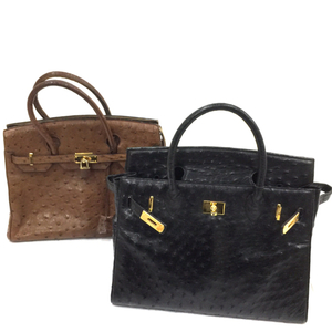  Manufacturers unknown square Ostrich leather handbag black Brown 2 point set QR043-253