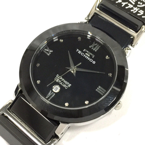 美品 テクノス セラミック デイト クォーツ 腕時計 ボーイズサイズ 黒 未稼働品 純正ブレス 付属品あり TECHNOS