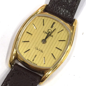 オメガ デビル 1387 プッシュ式 クォーツ 腕時計 レディース ゴールドカラー文字盤 純正ベルト 保存箱付き QR051-32の画像1