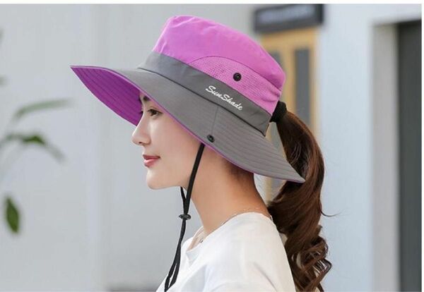 帽子 レディース つば広　パープル　グレー　UVカット 紫外線カット サファリハット ポニーテール 