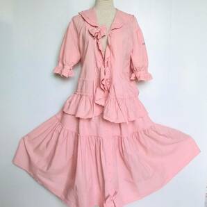 ピンクハウス PINK HOUSE ピンク ギンガムチェック×セーラーカラー×オーバーブラウス(半袖)＆スカート◆セットアップ◆USEDの画像1