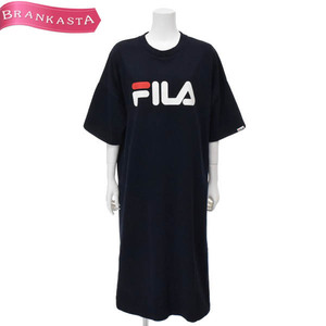 【美品】FILA/フィラ ロング Tシャツワンピース ドロップショルダー ロゴ サイドスリット O 13-5 ネイビー [NEW]★61DL38