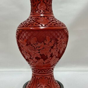 F 堆朱 花瓶 花器 花入 壺 牡丹 中国美術 インテリア 台座付きの画像1
