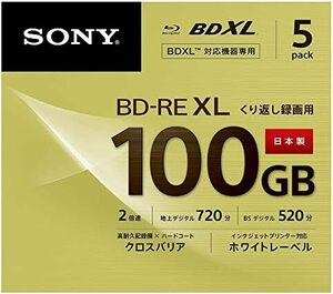 5枚 ブルーレイディスク BD-RE XL 100GB 1枚あたり地デジ約12時間 繰り返し録画用 5枚入り 2倍速ダビング対応