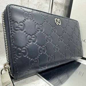 【現行 美品】GUCCI グッチ 長財布 ラウンドファスナー ドリアン シマ GG シルバー金具 インターロッキング レザー ネイビー メンズ