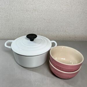 a*★中古品　LE CREUSET ルクルーゼ ココットロンド 16cm 両手鍋 ホワイト ライスボール ピンク セット★