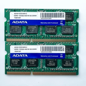 動作確認済 中古 8GB(4GB×2枚セット) ADATA PC3-10600（DDR3-1333） 204pin SO-DIMM ノートパソコン用メモリ AD3S1333C4G9-2の画像1