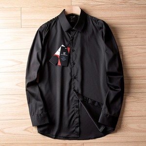 P283-XL 新品DCKMANY■シルク混 長袖シャツ メンズ ノーアイロン 形態安定 ドレスシャツ ワイシャツ 無地 ビジネス シャツ/ブラック