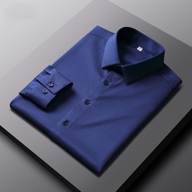 P285-XL 新品DCKMANY■シルク混 長袖シャツ メンズ ノーアイロン 形態安定 ドレスシャツ ワイシャツ 無地 ビジネス シャツ/ネイビー_画像2