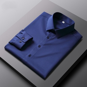 P285-XL 新品DCKMANY■シルク混 長袖シャツ メンズ ノーアイロン 形態安定 ドレスシャツ ワイシャツ 無地 ビジネス シャツ/ネイビーの画像2