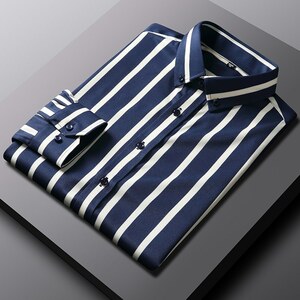 P023-L新品DCKMANY■縦縞 長袖シャツ メンズ ノーアイロン 形態安定 ストライプ ビジネス ワイシャツ シルクのような質感/ネイビー