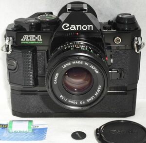 【整備/性能測定済】Canon AE-1 PROGRAM ブラック＋NFD50mmF1.8_パワーワインダーA付属_P,S,機能OK(1901169_110)