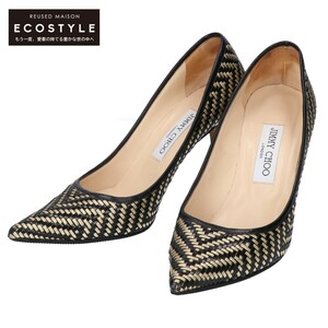 美品 JIMMY CHOO ジミーチュウ 151 AGNES KZL アグネス イントレレザー ポインテッドトゥ パンプス 37 1/2 BLACK/GOLD レディース