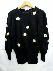 MADAM JOCONDE*ma dam jo navy blue da beads flower decoration attaching wool Anne gola knitted sweater M black black turtle rear lapi-n Vintage 