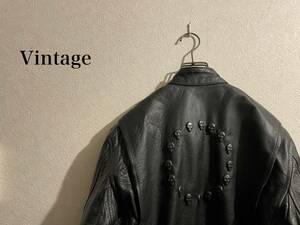 ◯ Vintage スカル サークル シングル ライダース ジャケット / レザー カウ スタッズ キルティング ドクロ ブラック 黒 Mens #Sirchive