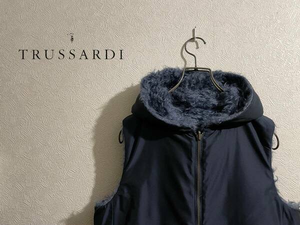 ◯ TRUSSARDI リバーシブル フーデッド ベスト / トラサルディ ジャケット コットン モヘア ボア ネイビー 紺 40 Ladies #Sirchive