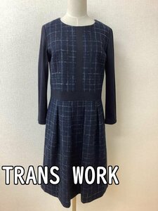 TRANS WORK トランスワーク 紺黒地に青系チェックワンピース ウールブレンド ラメ入り サイズ40