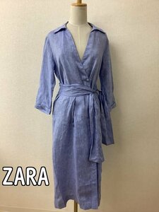 ザラ (ZARA) タグ付き未使用サックスブルー リネン100%ワンピース カシュクール サイズS