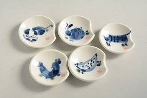 Art hand Auction 小皿5枚セット/手描き動物/犬兎寅鶏鳥, 和食器, 皿, 小皿