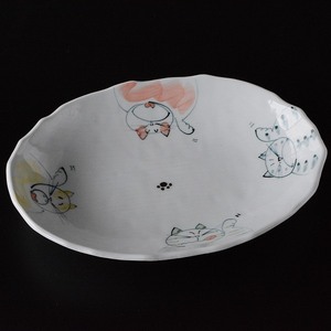 Art hand Auction Овальная тарелка ручная роспись кота sal054, Японская посуда, блюдо, блюдо