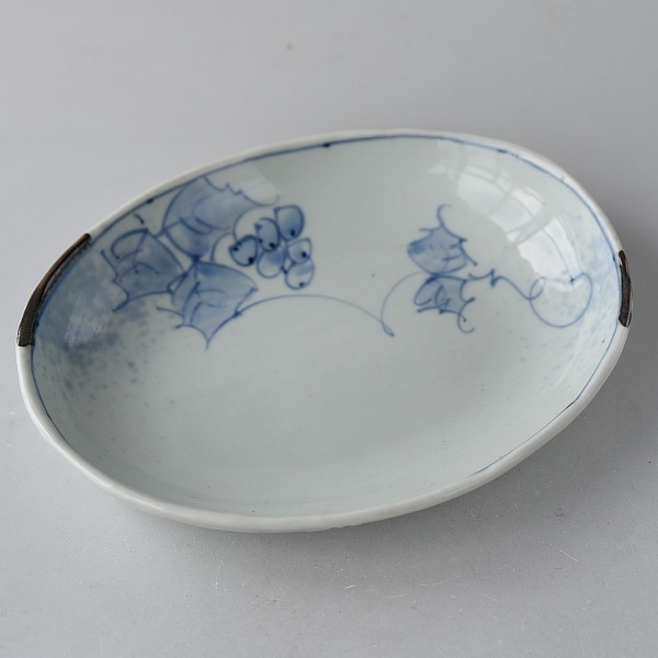 Oval large bowl hand-painted grapes handmade sam149, Japanese tableware, pot, large bowl