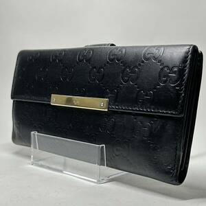 正規品　GUCCI グッチ　GG 長財布　シマレザー　メタルロゴ　ブラック　ウォレット Wホック 