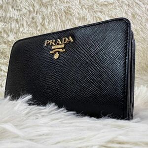 1円 スタート 極美品 プラダ PRADA 折り財布 ミニウォレット サファイアーノレザー 黒 ブラック 男女兼用 ゴールド金具 